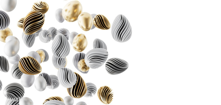 Elegant abstract Easter eggs in gold, white, and silver. Perfect for luxury designs, celebrations, and festive decoratio