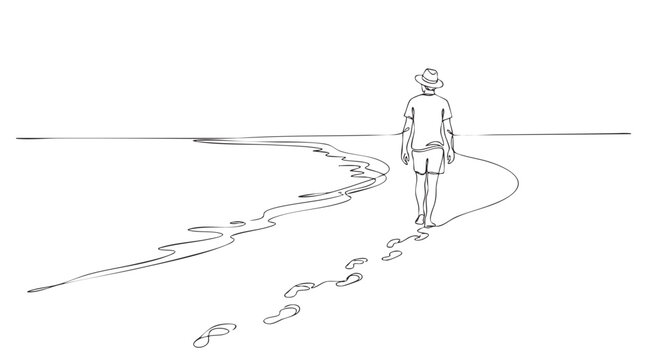 A minimalist line drawing shows a person wearing a hat and shorts walking away from the viewer on a beach, leaving footprints in the sand.