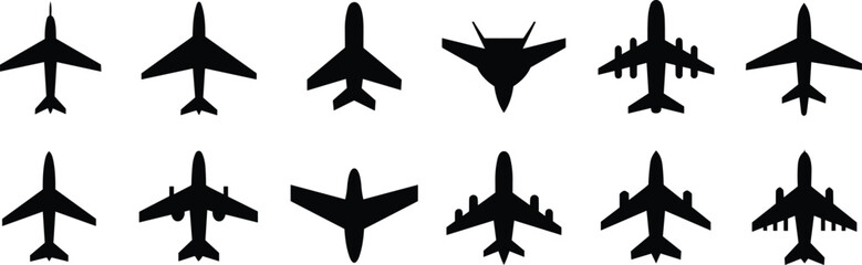 Airplane silhouette collection, aircraft top view, commercial jet military plane cargo aircraft, aviation design reference, aerodynamics study illustration set © MdAriful