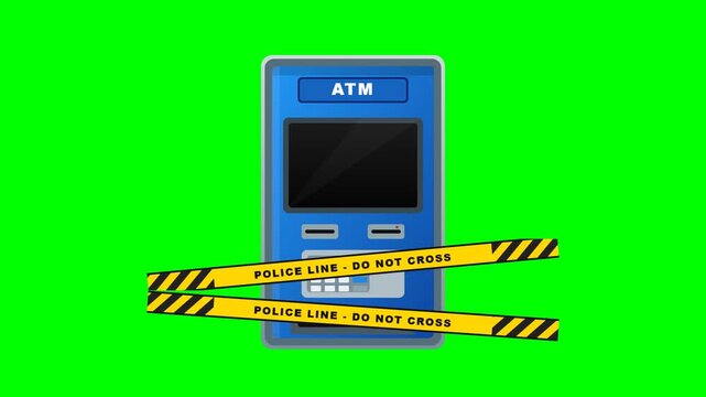 ATM machine blocked by police tape isolated on green screen
