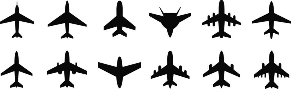 Airplane silhouette collection, aircraft top view, commercial jet military plane cargo aircraft, aviation design reference, aerodynamics study illustration set