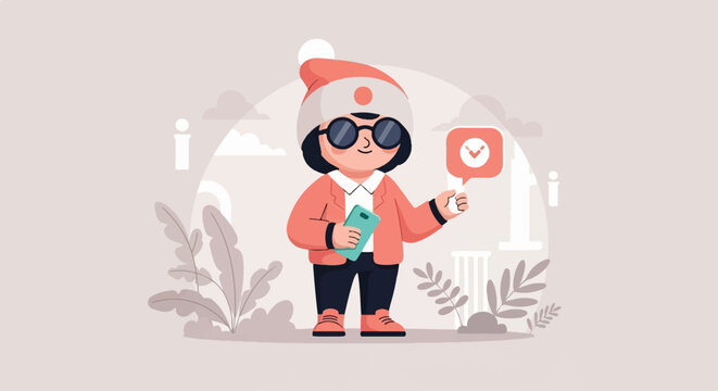Cheerful character with smartphone and positive affirmation icon, surrounded by abstract elements