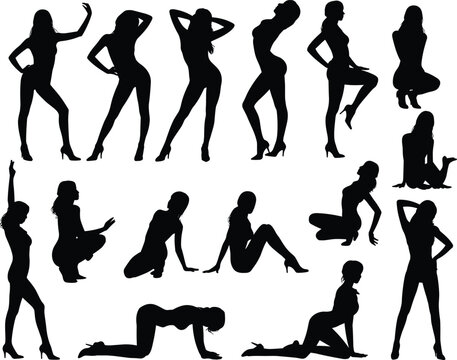 Silhouette woman poses, fashion model high heels, stylish female figure positions, standing sitting kneeling reclining, artistic design reference illustration collection
