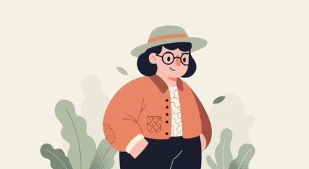 Obraz premium A stylized, cheerful person in a wide-brimmed hat and orange jacket stands among abstract foliage