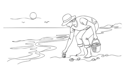 Obraz premium A single continuous line drawing shows a person in a hat collecting seashells on a beach with waves and a sun.