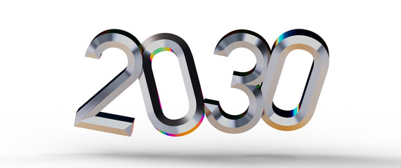 Stylish 2030 design, metallic text isolated on white. Perfect for representing the future, tech,...