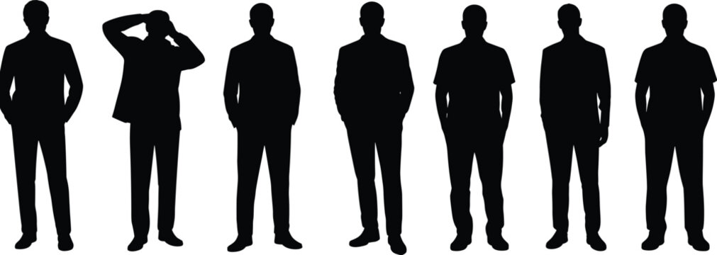 Silhouette men in suits standing, formal attire, business posture, body language illustration, corporate design, artistic shadow figures, professional character modeling