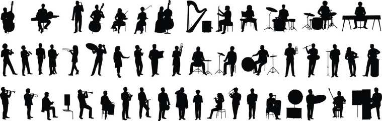 Silhouette orchestra musicians playing instruments, diverse band ensemble, conductor, violin cello trumpet drums piano saxophone harp clarinet artistic illustration design © MdAriful
