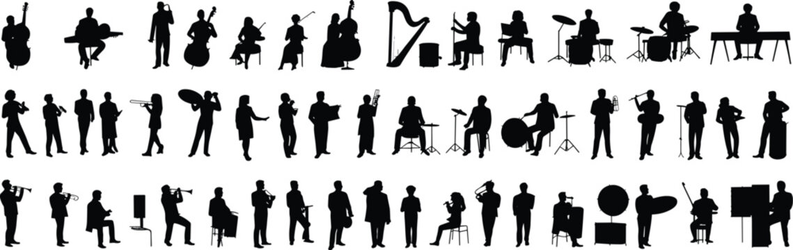 Silhouette orchestra musicians playing instruments, diverse band ensemble, conductor, violin cello trumpet drums piano saxophone harp clarinet artistic illustration design