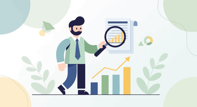 Cartoon man with beard examines a document with a bar graph using a magnifying glass near a growth chart
