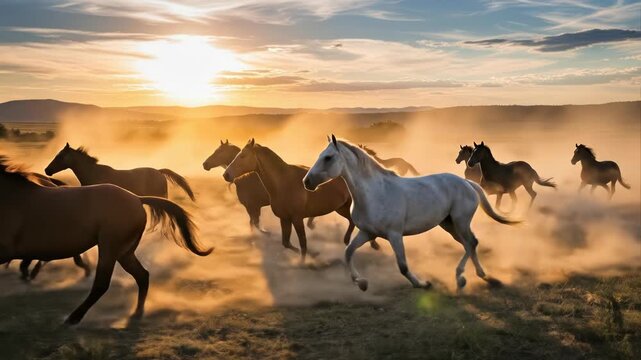 Horses Running in a Dusty Field.