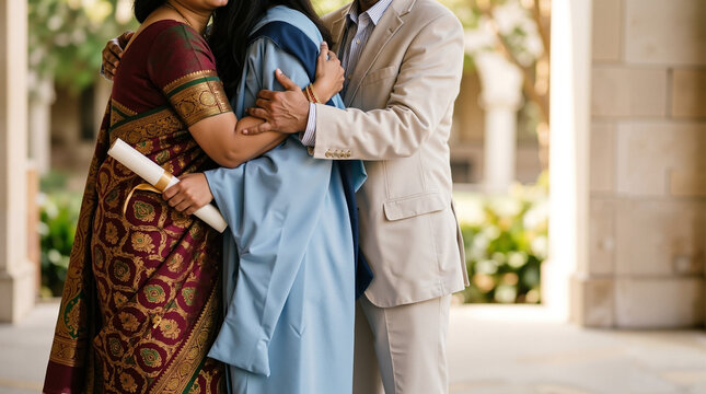 Proud south asian parents affectionately embracing their son in a blue graduation gown on a college campus.