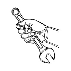 Logo men at work. Dibujo sencillo con línea continua de una mano sujetando una llave inglesa © teracreonte