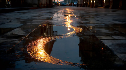 Fototapeta premium Night city street with reflective puddle showing golden streetlight swirl