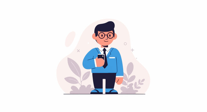 Cartoon man in blue suit holding smartphone, surrounded by abstract floral shapes