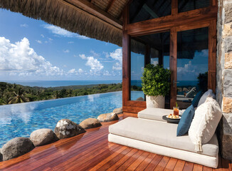 Fototapeta premium Luxurious outdoor lounge area with infinity pool overlooking tropical landscape and ocean