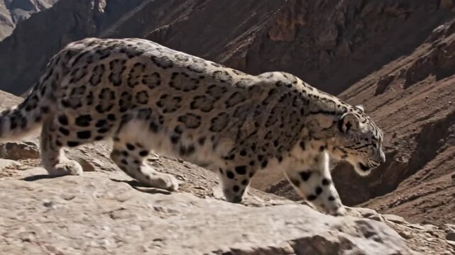 Snow leopard stalks across a rocky sun-baked ridge