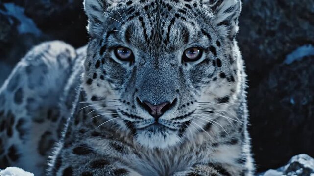 Snow Leopard With Piercing Emerald Eyes in Rocky Snow