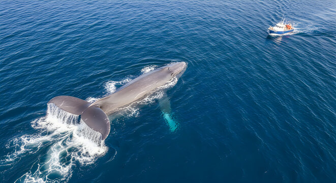 Blue Whale Tail Fluke Diving Aerial Ocean View

