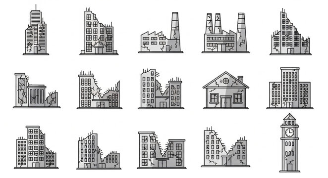 Collection of Damaged Buildings and Structures in Sketch Style.
