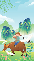 Fototapeta premium A young cowherd riding a buffalo and playing the flute during Qingming Festival