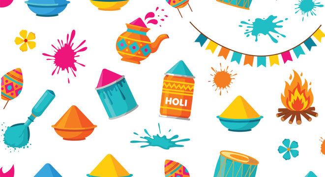 Holi festival elements set with colors powder water gun paint splash bonfire drum flags traditional celebration flat vector illustration