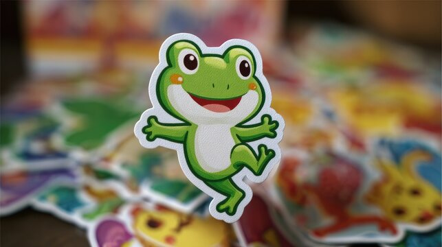 A cute, happy frog with polka dots on its back, dancing in the air