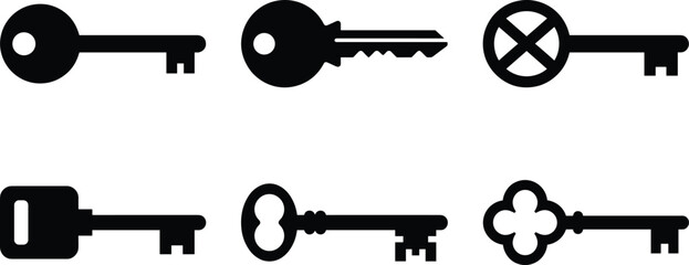 Obraz premium House and door key silhouettes collection, security lock access symbols, modern and vintage key icons black flat vector illustration