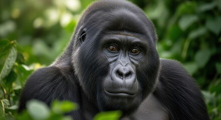 Obraz premium A majestic silverback gorilla gazes directly forward from within its lush green jungle habitat, showcasing its powerful build and intelligent eyes.