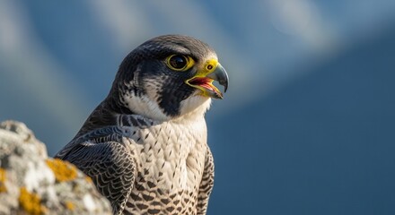 Close-up portrait of a majestic peregrine falcon perched on a rock with a blurred blue background.