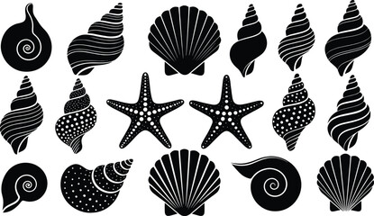 Black silhouette collection of various seashells including scallops conch and snail shells with starfish elements for summer beach nautical and marine nature design © MstRupali