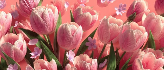 Obraz premium Tulip symphony: a delightful spring medley. Fantastical figures. Vibrant bloom: tulips and daffodils on a gentle background. Advertising photo. Creative concept.