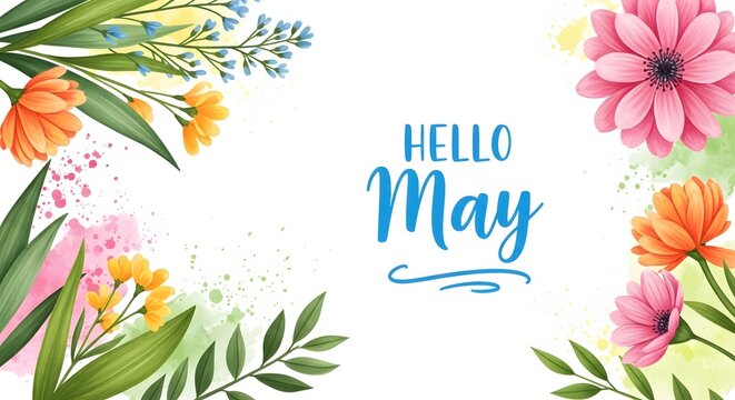 Floral Greeting Card with Colorful Flowers and Hello May Text