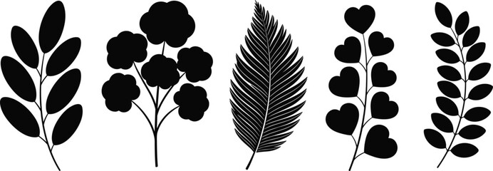 Black leaf silhouette collection featuring fern fronds, heart shaped leaves, eucalyptus branches, forest foliage, elegant nature botanical vector icons set. © PaponKumar
