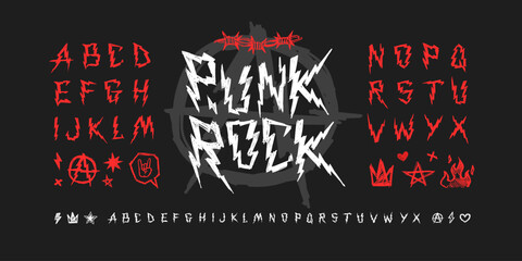 Punk Rock type font with grunge alphabet, doodle signs and symbols. Street Art crazy type font with Punk and Rock'n'Roll style elements set for tee print and textile design. Editable vector