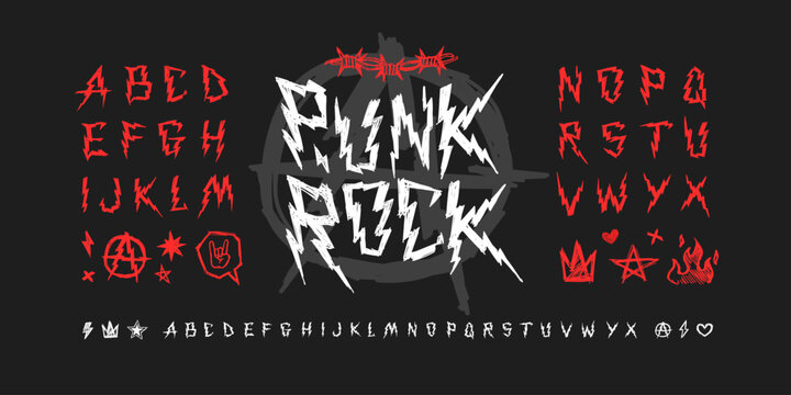 Punk Rock type font with grunge alphabet, doodle signs and symbols. Street Art crazy type font with Punk and  Rock'n'Roll style elements set for tee print and textile design. Editable vector