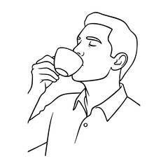 Dibujo sencillo con líneas de un hombre con camiseta de manga corta de pie bebiendo una taza de café © teracreonte