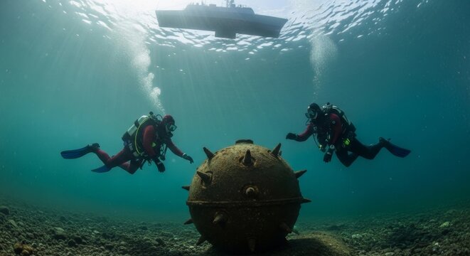 Two scuba divers explore an underwater mine with a large warship in the background.