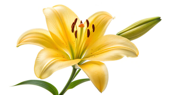A beautiful macro closeup of a blooming yellow lily flower with vibrant orange petals isolated on a white background captures the natural floral beauty of this spring garden plant