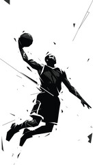 Dynamic black and white geometric vector illustration of a professional basketball player performing a powerful slam dunk with abstract shattered glass motion effects. (25 words) © MstRupali