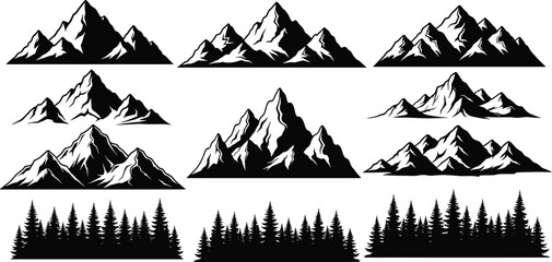 Obraz premium Mountain peak silhouette collection featuring pine forest treeline, rugged outdoor nature landscape, elegant wilderness vector icons set for camping, adventure logos.