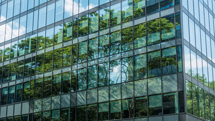 Obraz premium Glass facade of a modern skyscraper reflecting green trees and a blue sky with clouds in an urban environment