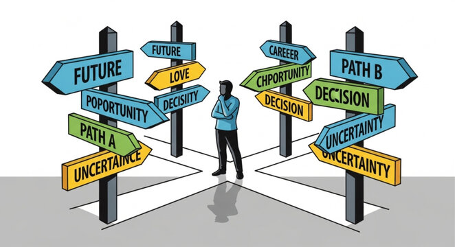 Man at crossroads with signs.