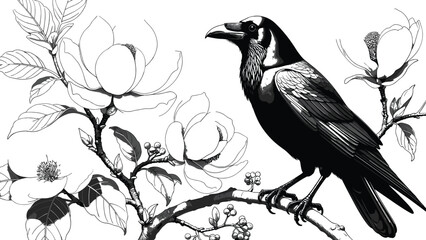 Elegant black raven bird perched on a magnolia tree branch with blooming white flowers in minimalist monochrome vector line art style for nature background © MstRupali