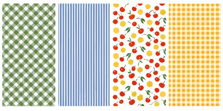 Four patterned fabric swatches displaying gingham stripes fruit and checks