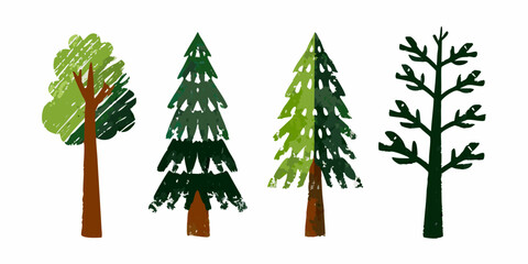 Stylized illustration of four different tree shapes in varying shades of green © Delip