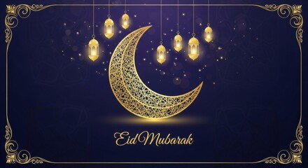 Golden crescent moon and lanterns celebrate the islamic eid mubarak festival