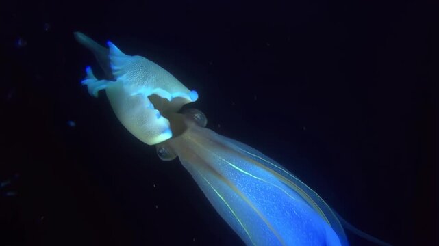 Vampire squid with large fins swimming in deep blue ocean water with coral reefs featuring underwater, cephalopod, marine life with aquatic animal