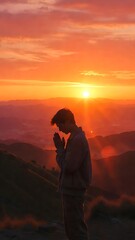 Obraz premium Woman Praying at Sunrise on Mountain Spiritual Faith Concept