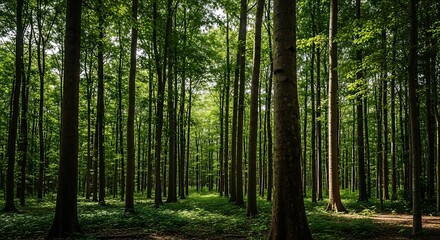 Obraz premium Sunlight filters through a dense, green deciduous forest canopy.